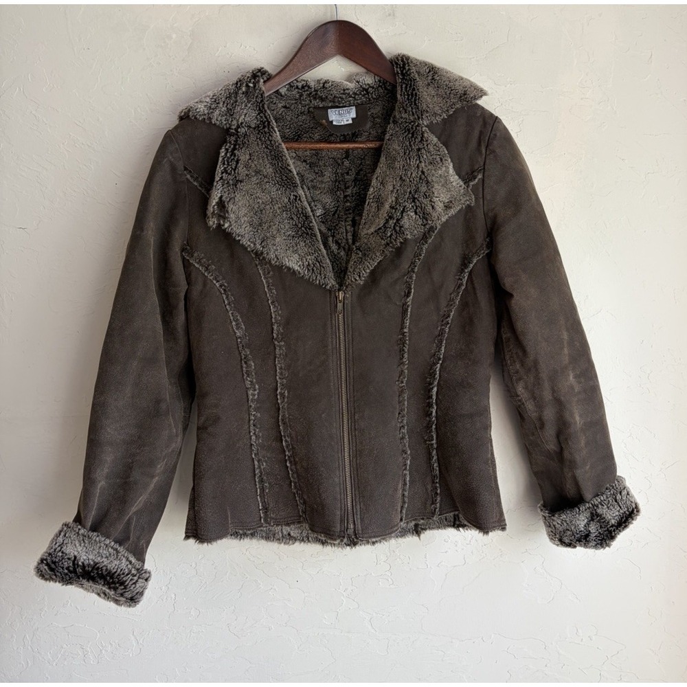 Vintage 90s Y2K Venus USA Brown Suede Faux Fur Jacket M Penny Lane Grunge Boho